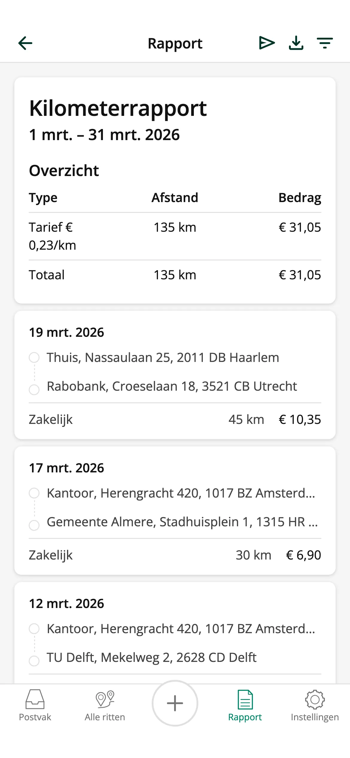 Directe kilometerrapporten